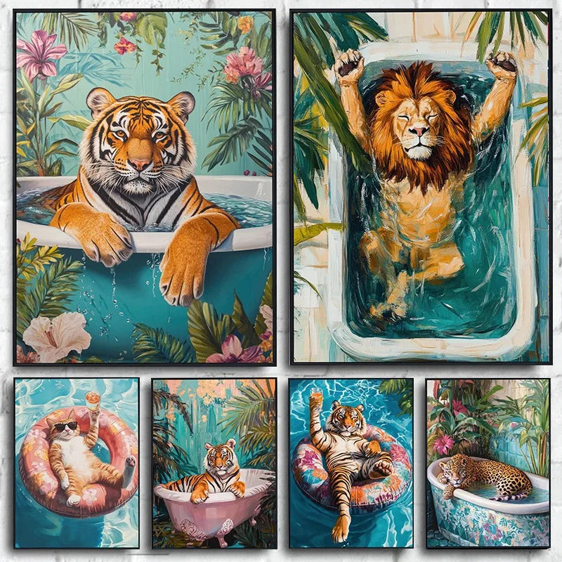 Relaxing Animal on Pool Float Summer Tropical Poster Lion Tiger Cat Canvas Painting Wall Art Fun Bathroom Living Room Home Decor Relaxing Animal on Pool Float Summer Tropical Poster Lion Tiger Cat Canvas Painting Wall Art Fun Bathroom Living Room Home Decor